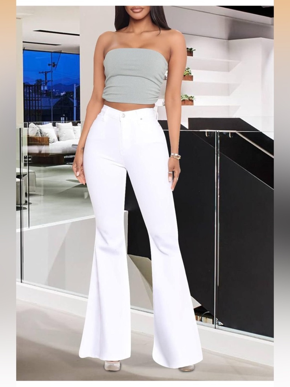 High-Waist White Flare Jeans for Women